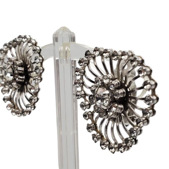 Vintage 60s Rhinestone Clip Earrings Crystal Sunburst Heart Riveted Silver Tone - Picture 3 of 9